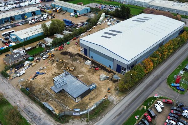 Aerial view of industrial unit groundworks and civil engineering site in Staffordshire